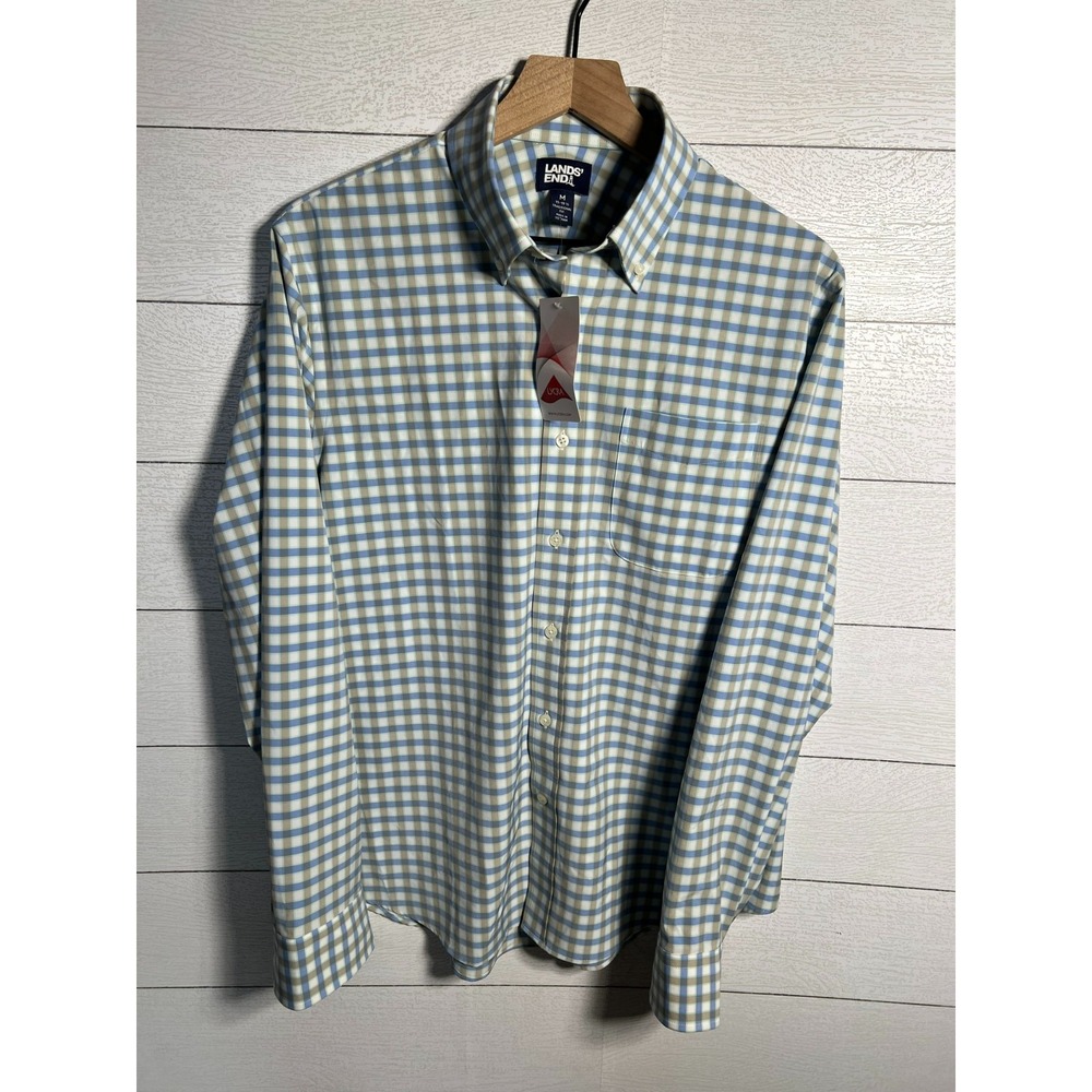 Lands End Mens Dress Shirt Medium 15 15.5 Traditional Fit Blue Check Plaid NEW
